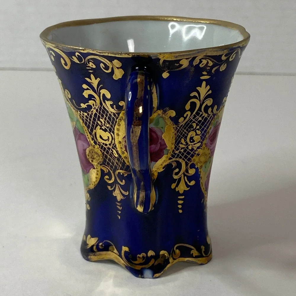 Antique Cobalt Blue Porcelain Tea Cup Gold Gilt Rose Medallion Scalloped Rim